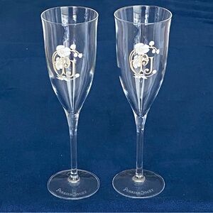 2 - PERRIER JOUET Champagne FLUTES w/ White Blossom & Gold "PJ" Logo - 8”